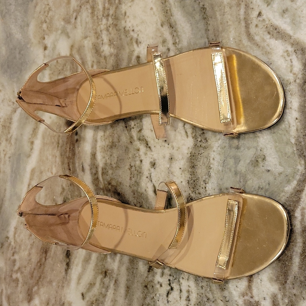 Tamara Mellon flat gold strap sandal with clear strap